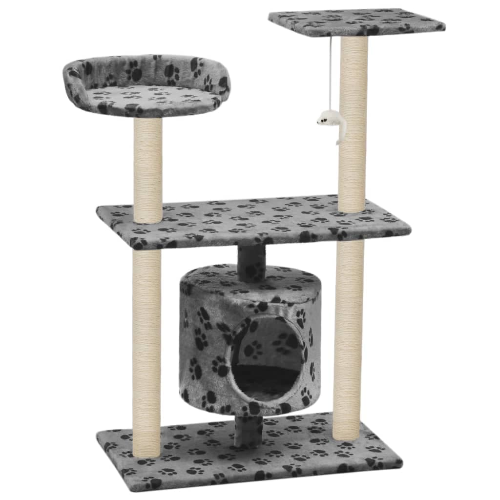 Albero per Gatti e Tiragraffi Sisal 95 cm Zampe Stampate Grigio — miniatura 2 di 6