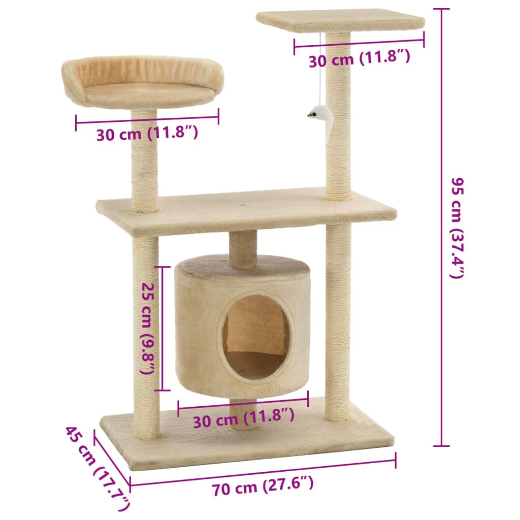 Albero per Gatti con Tiragraffi in Sisal 95 cm Beige — miniatura 7 di 7