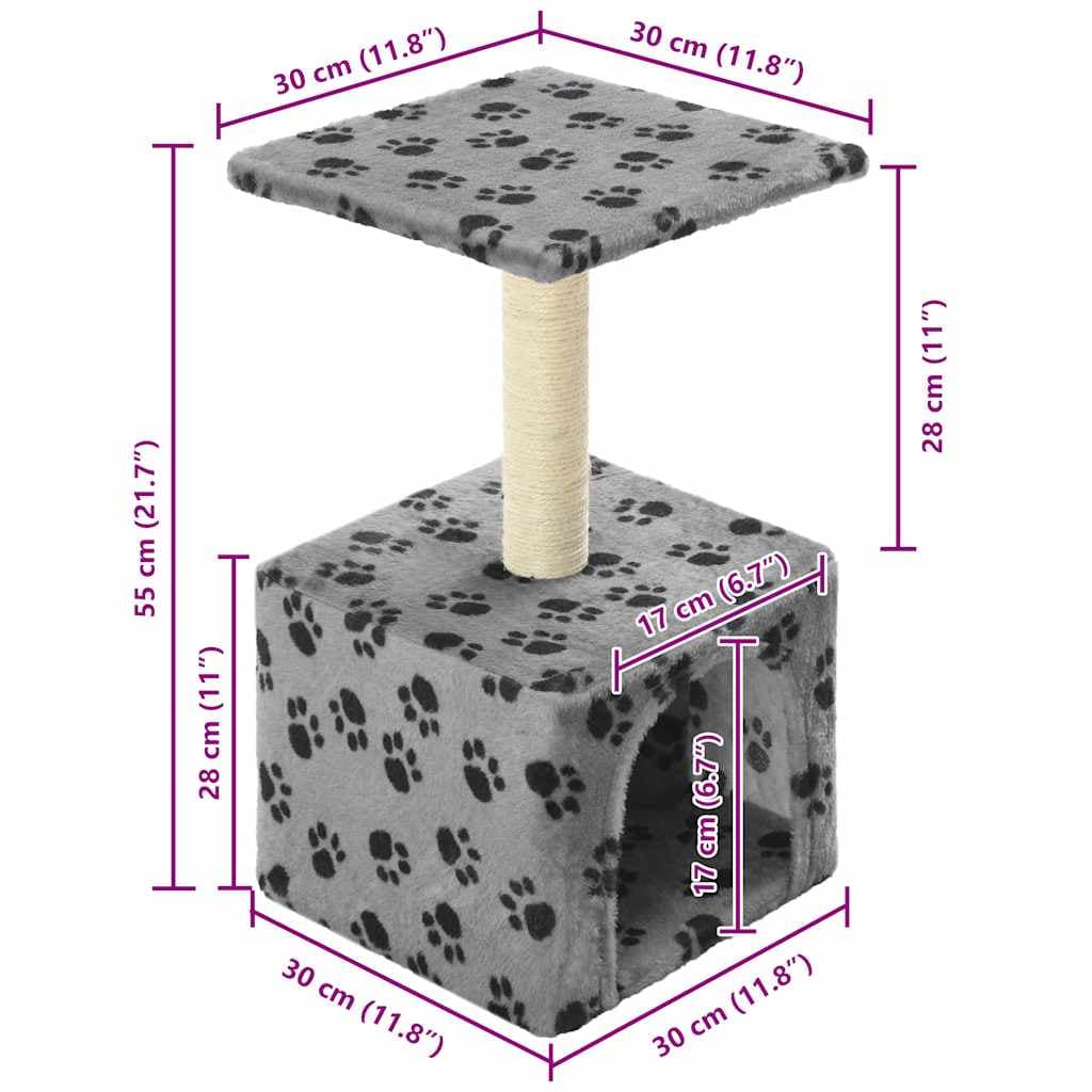 Albero per Gatti e Tiragraffi Sisal 55 cm Zampe Stampate Grigio — miniatura 6 di 6
