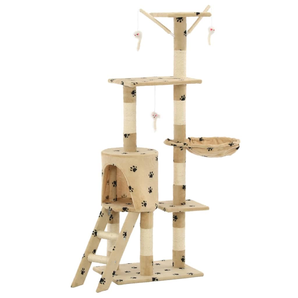 Albero per Gatti e Tiragraffi Sisal 138 cm Zampe Stampate Beige — miniatura 2 di 7