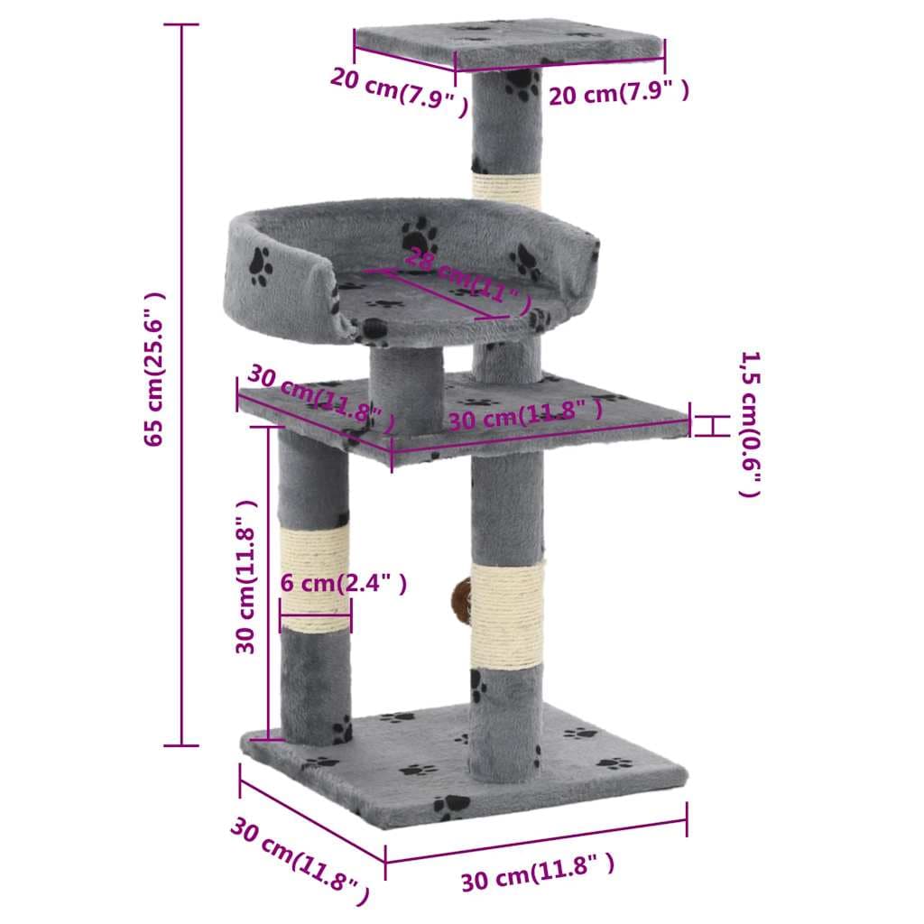 Albero per Gatti Tiragraffi in Sisal 65 cm Zampe Stampate Grigio — miniatura 4 di 4