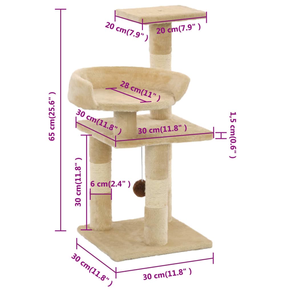 Albero per Gatti con Tiragraffi in Sisal 65 cm Beige — miniatura 4 di 4