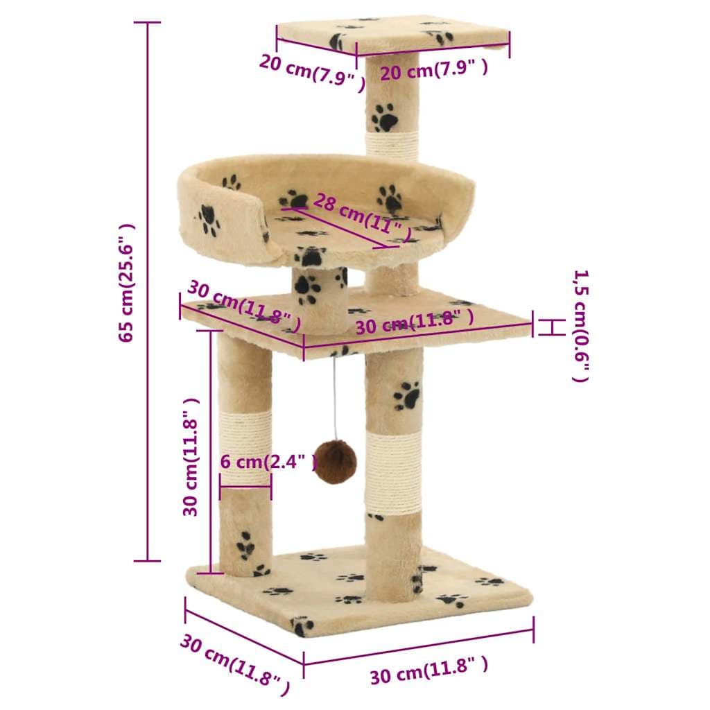 Albero per Gatti Tiragraffi in Sisal 65 cm Zampe Stampate Beige — miniatura 4 di 4