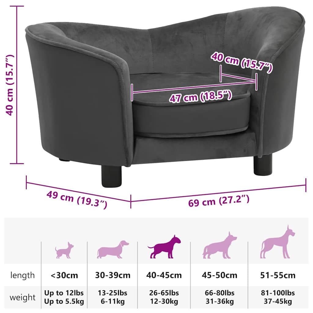 Divano per Cani Grigio Scuro 69x49x40 cm in Peluche e Similpelle — miniatura 8 di 8