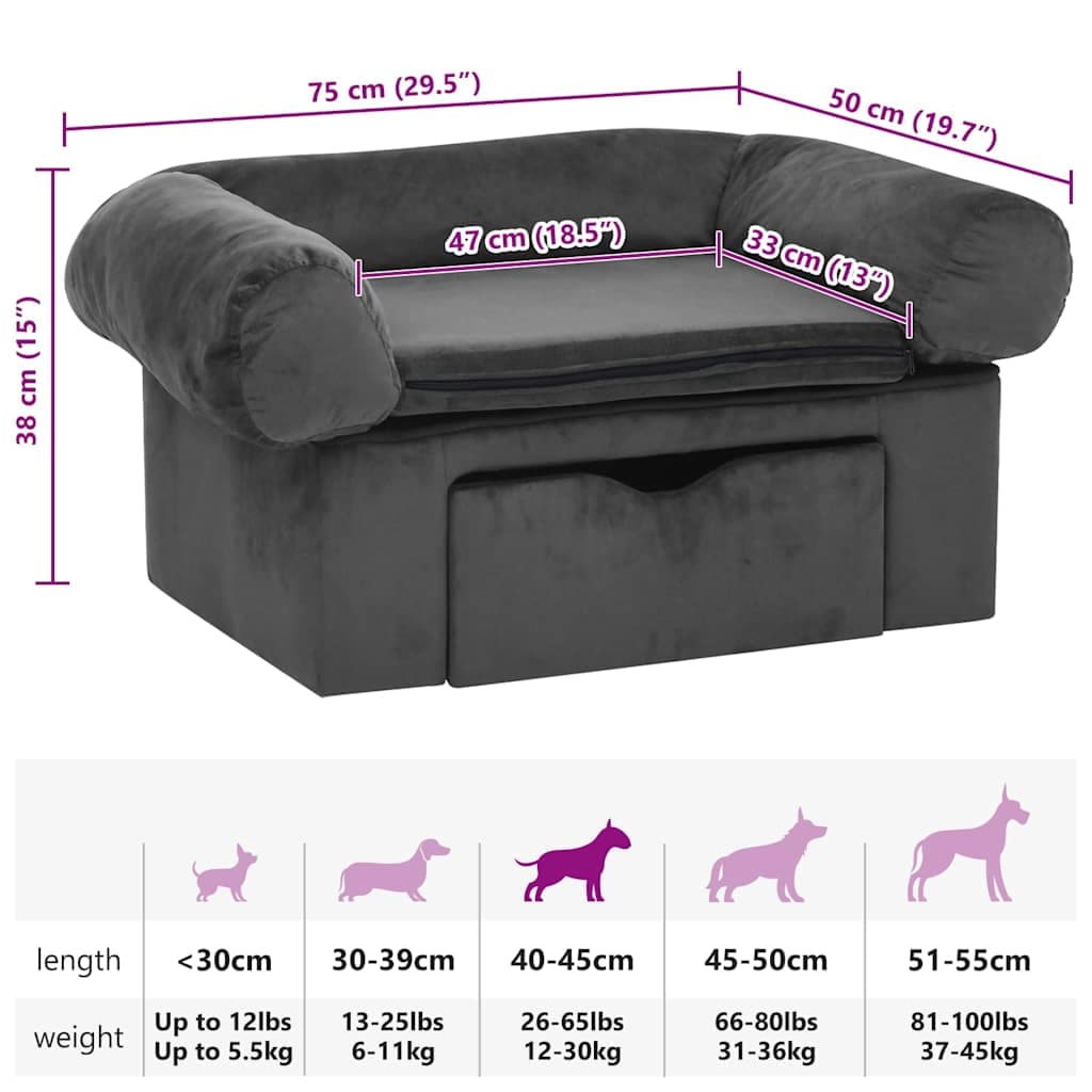 Divano per Cani con Cassetto Grigio Scuro 75x50x38cm in Peluche — miniatura 7 di 7