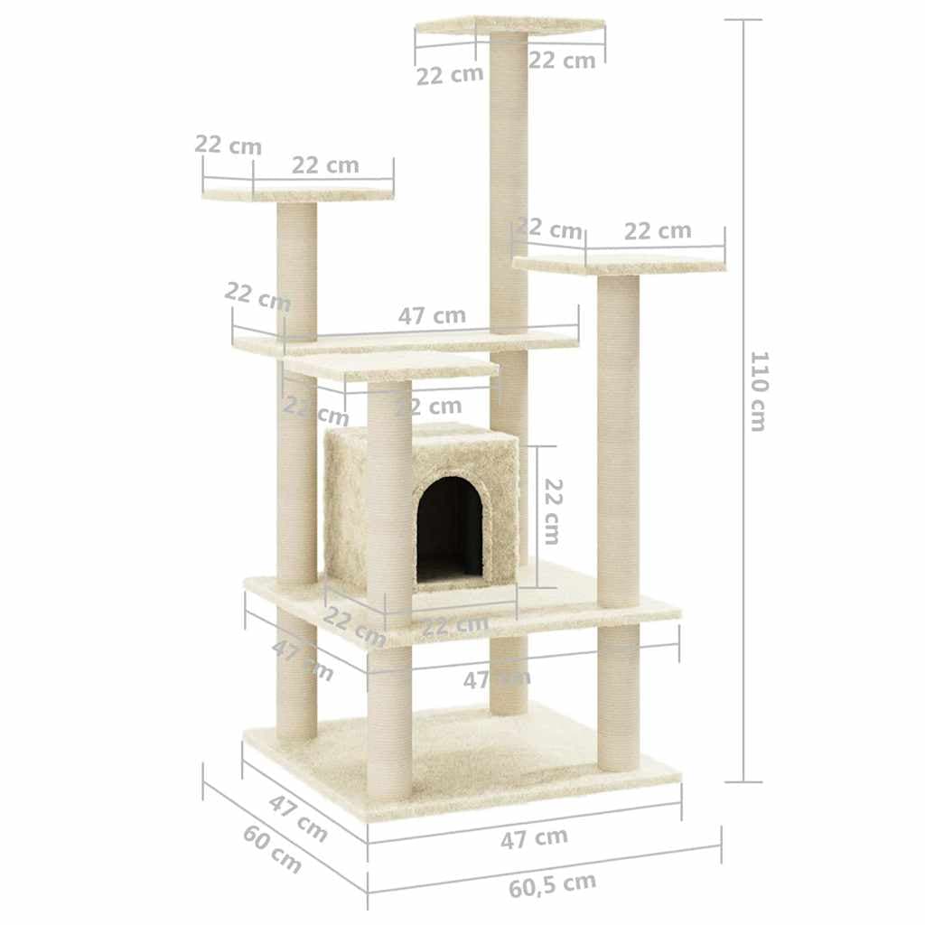 Albero per Gatti con Pali Tiragraffi in Sisal Crema 110 cm — miniatura 7 di 8