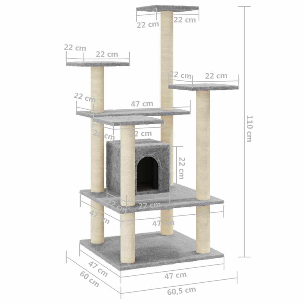 Albero per Gatti con Tiragraffi in Sisal Grigio Chiaro 110 cm — miniatura 7 di 8