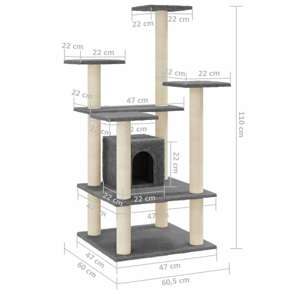 Albero per Gatti con Tiragraffi in Sisal Grigio Scuro 110 cm — miniatura 7 di 8