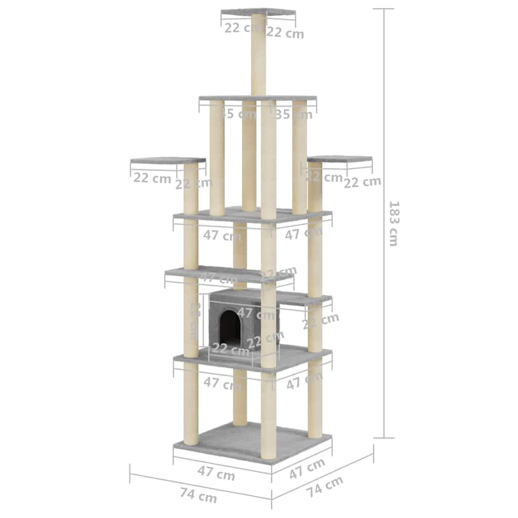 Albero per Gatti con Tiragraffi in Sisal Grigio Chiaro 183 cm — miniatura 7 di 8