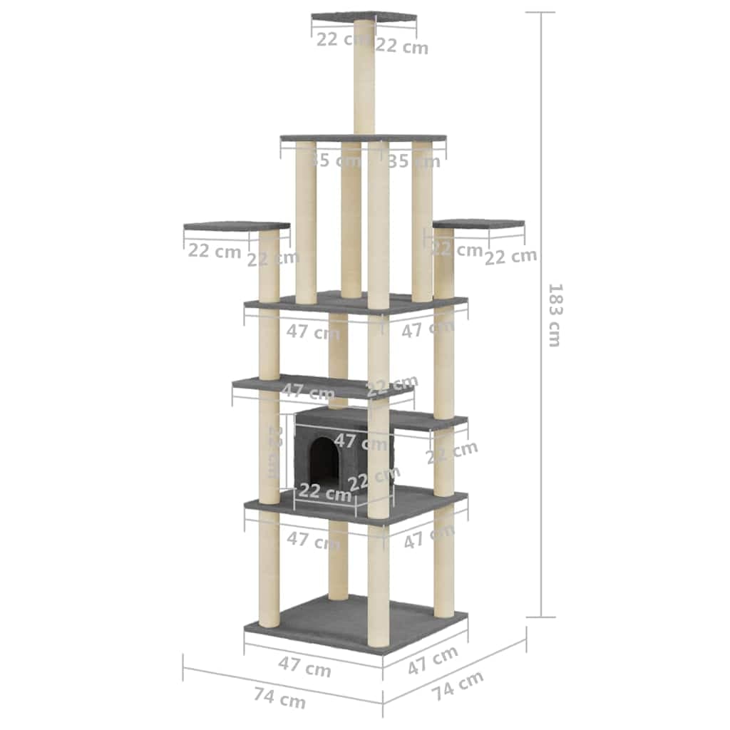 Albero per Gatti con Tiragraffi in Sisal Grigio Scuro 183 cm — miniatura 7 di 8