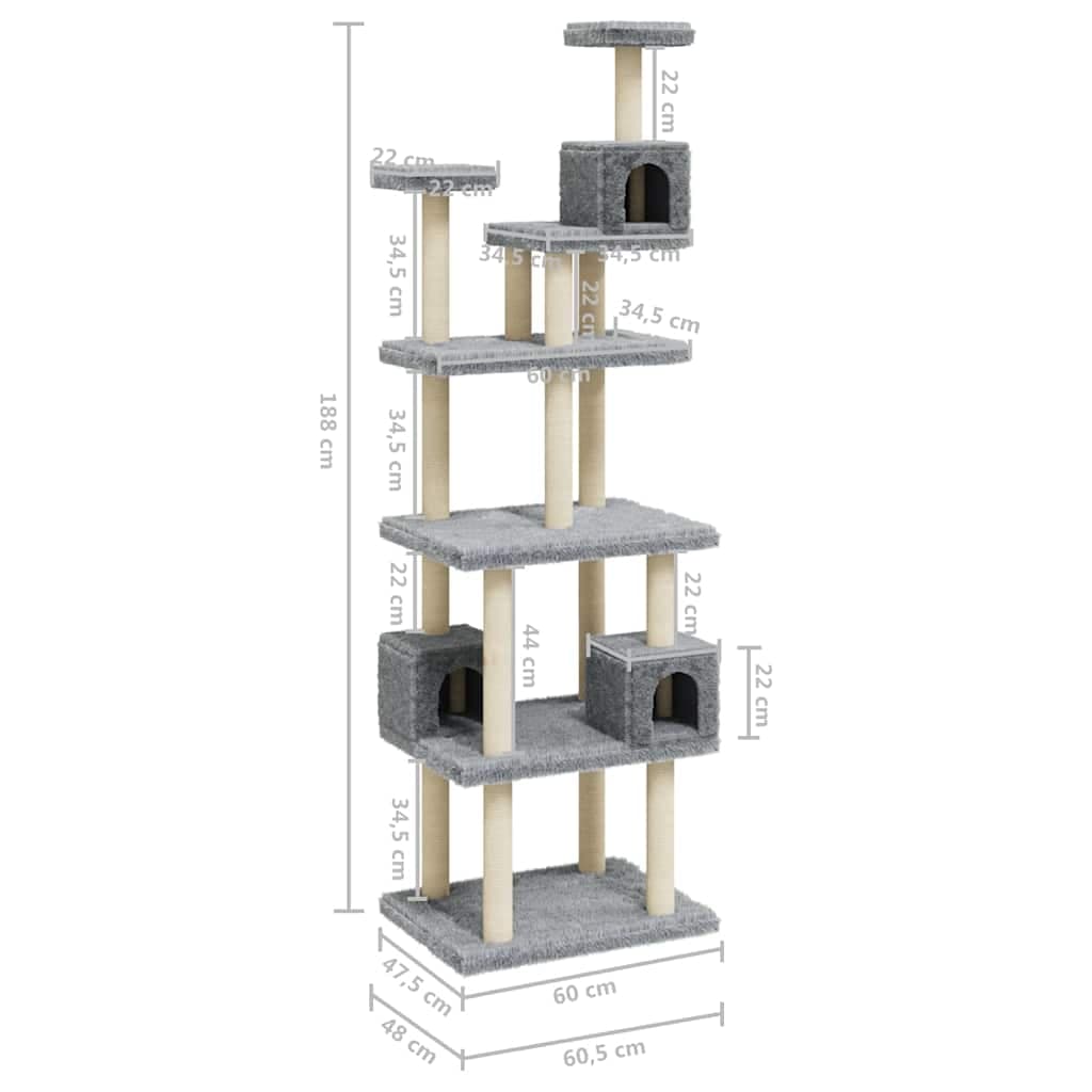 Albero per Gatti con Tiragraffi in Sisal Grigio Chiaro 188 cm — miniatura 7 di 8