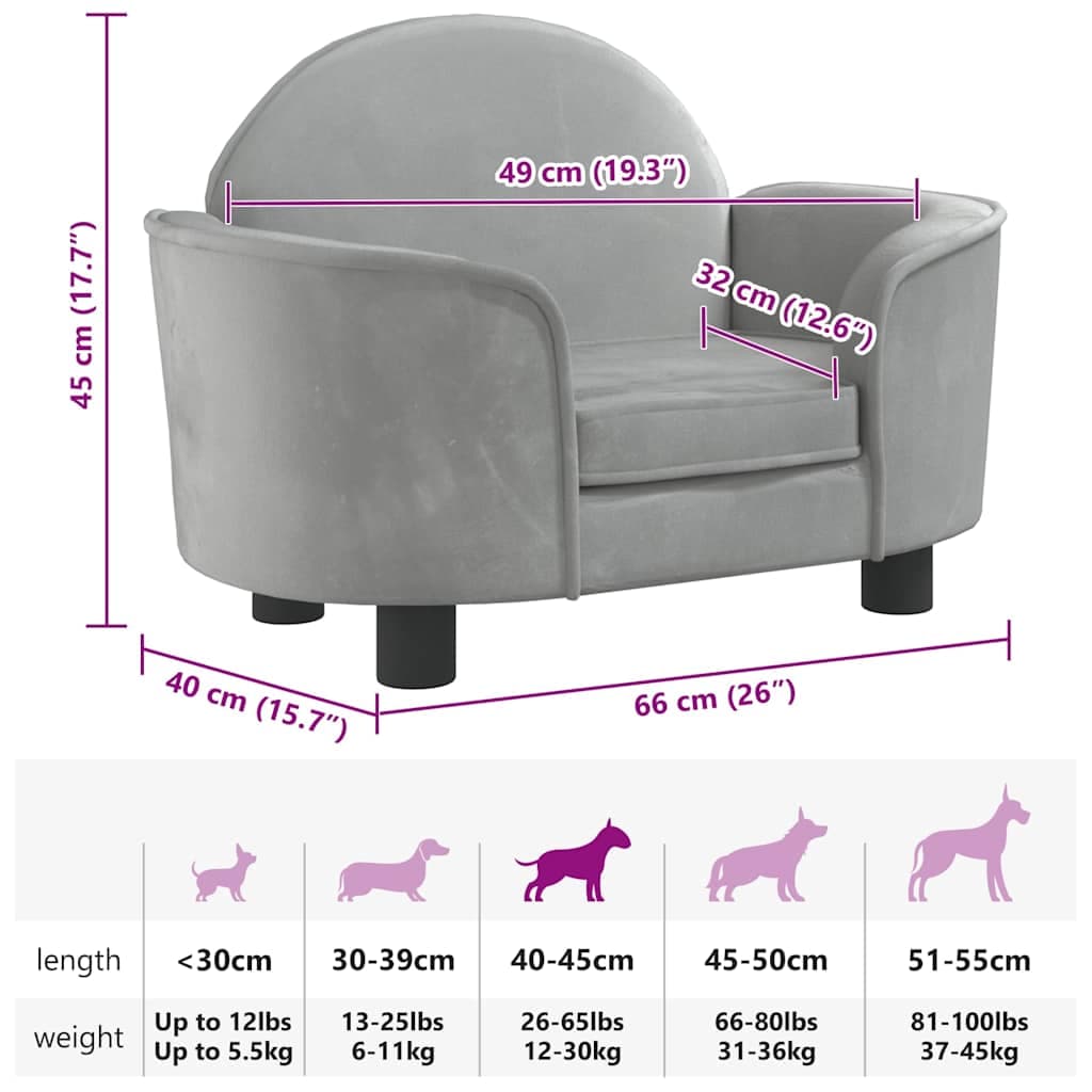 Lettino per Cani Grigio Chiaro 66x40x45 cm in Velluto — miniatura 6 di 6