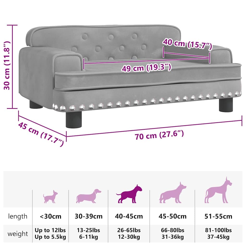 Lettino per Cani Grigio Chiaro 70x45x30 cm in Velluto — miniatura 6 di 6