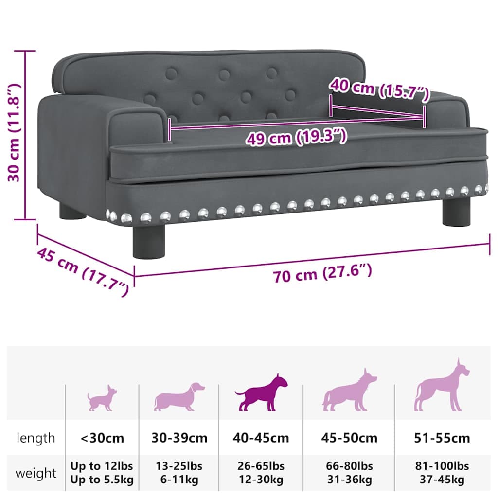 Lettino per Cani Grigio Scuro 70x45x30 cm in Velluto — miniatura 6 di 6