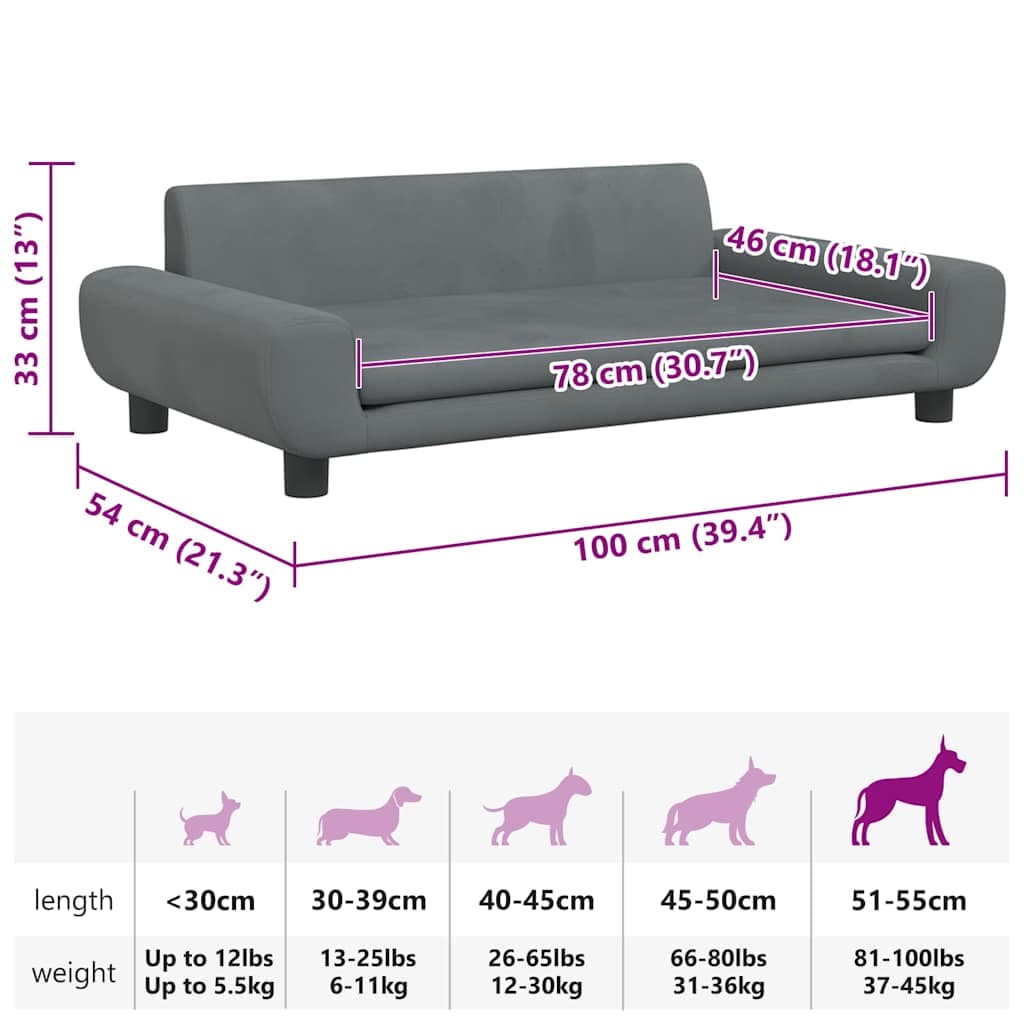 Lettino per Cani Grigio Scuro 100x54x33 cm in Velluto — miniatura 6 di 6