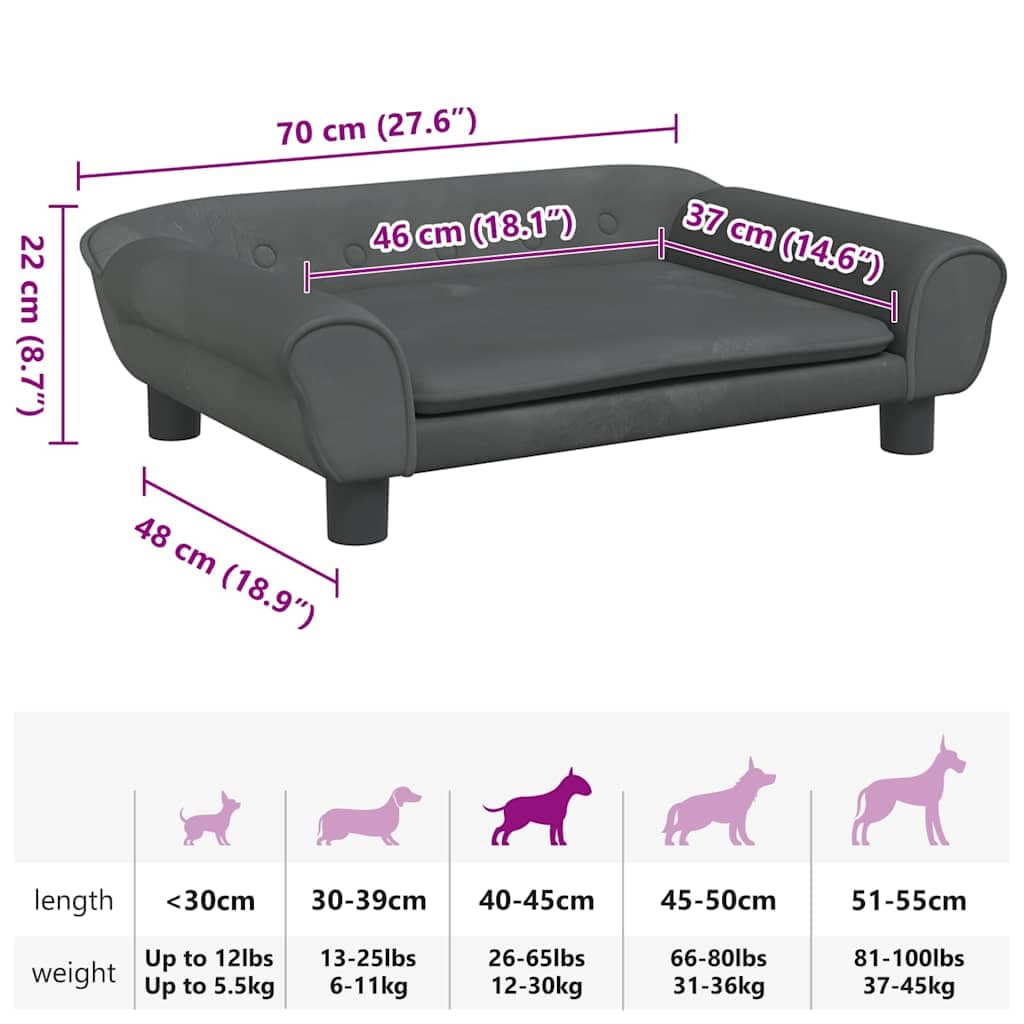 Lettino per Cani Grigio Scuro 70x48x22 cm in Velluto — foto 6 di 6