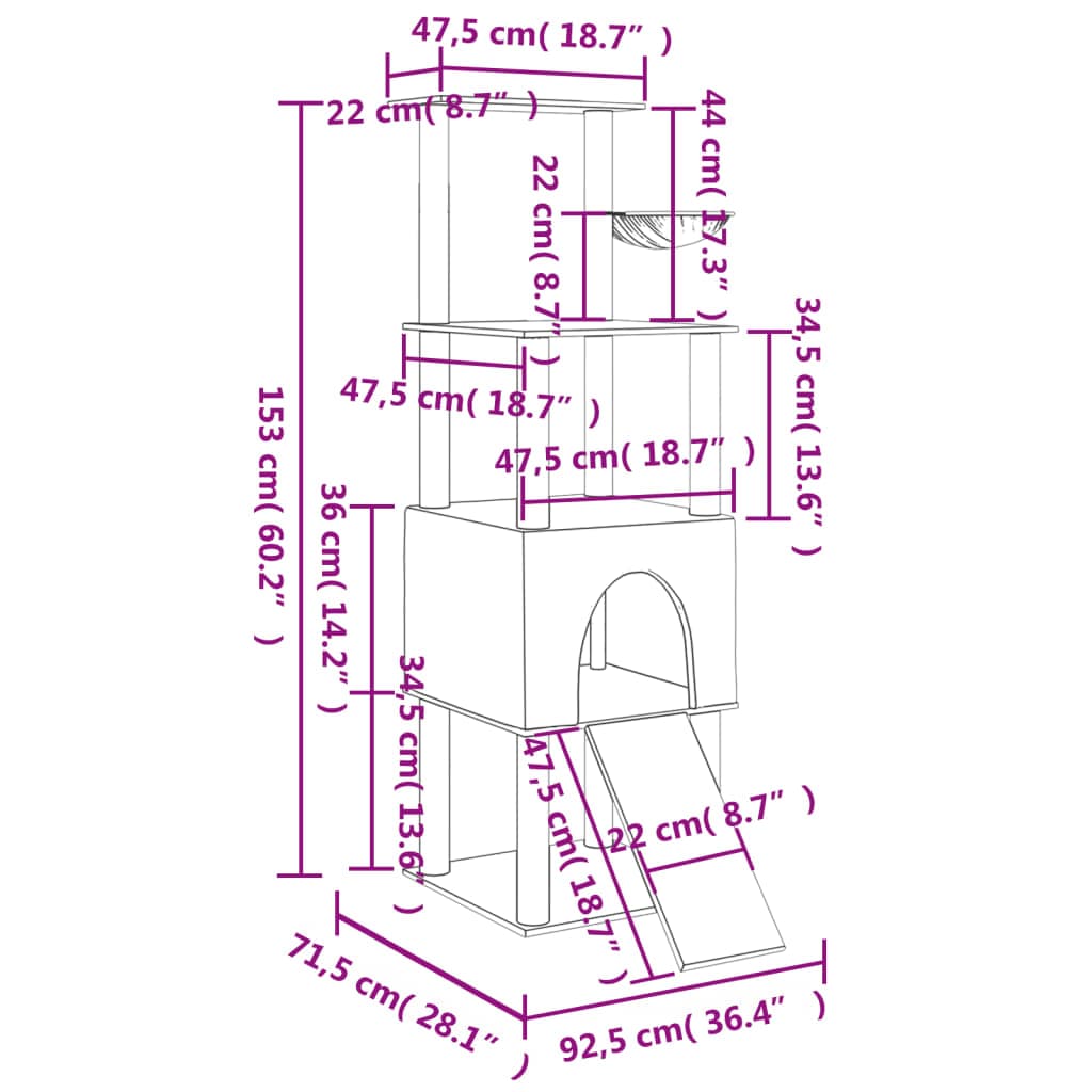 Albero per Gatti con Tiragraffi in Sisal Crema 153 cm — miniatura 8 di 8