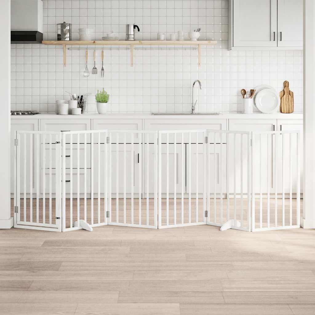 Cancelletto per cani con porta pieghevole 6 pannelli bianco 300 cm in legno di pioppo — miniatura 1 di 10