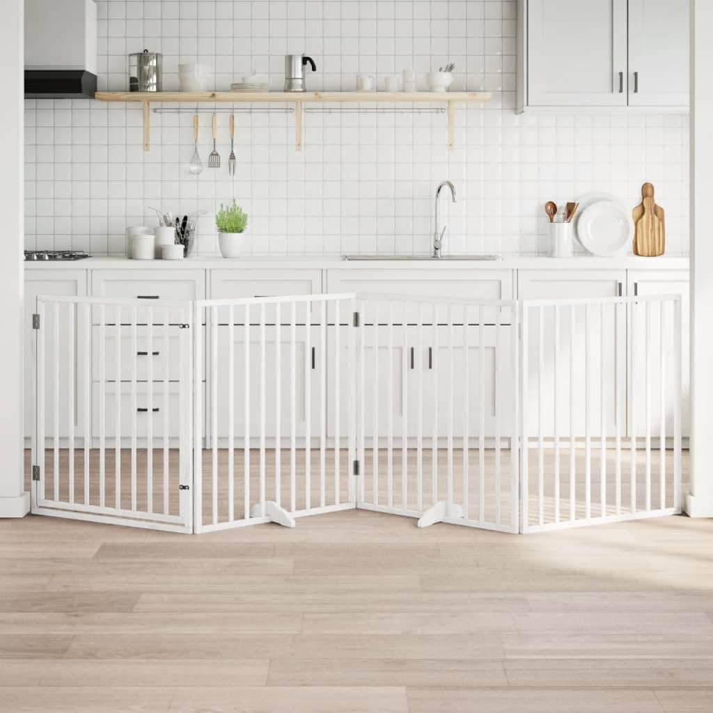 Cancelletto per cani con porta pieghevole 4 pannelli bianco 320 cm in legno di pioppo — miniatura 1 di 10