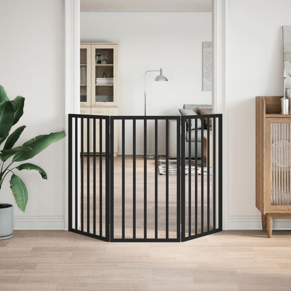 Cancello per Cani Pieghevole 3 Pannelli Nero 150cm Legno Pioppo — miniatura 3 di 8