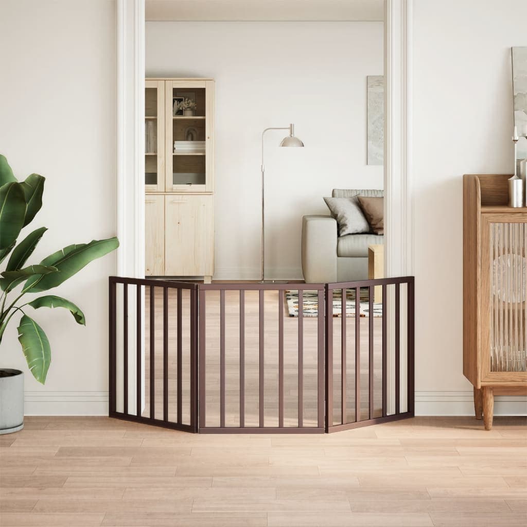 Cancello Cani Pieghevole 3 Pannelli Marrone 150cm Legno Pioppo — miniatura 3 di 8