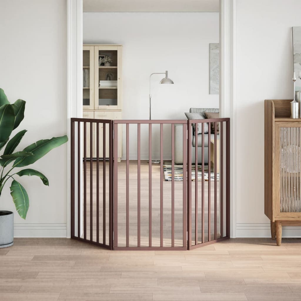 Cancello Cani Pieghevole 3 Pannelli Marrone 150cm Legno Pioppo — miniatura 3 di 8