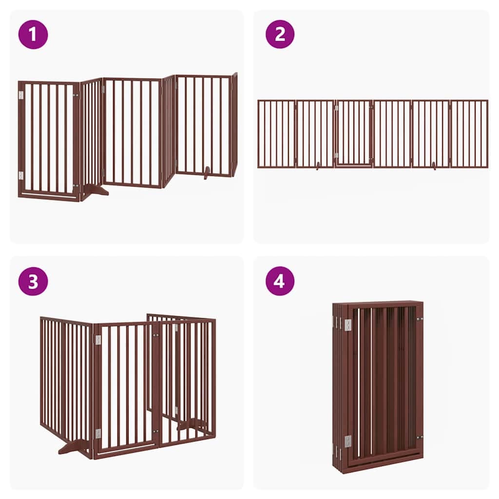 Cancelletto per cani con porta pieghevole 6 pannelli marrone 300 cm in legno di pioppo — miniatura 6 di 10