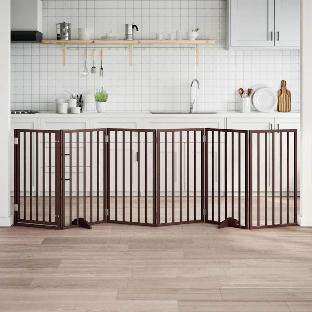 Cancelletto per cani con porta pieghevole 6 pannelli marrone 300 cm in legno di pioppo — miniatura 1 di 10