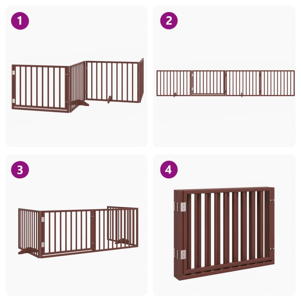 Cancelletto per cani con porta pieghevole 4 pannelli marrone 320 cm in legno di pioppo — miniatura 6 di 10
