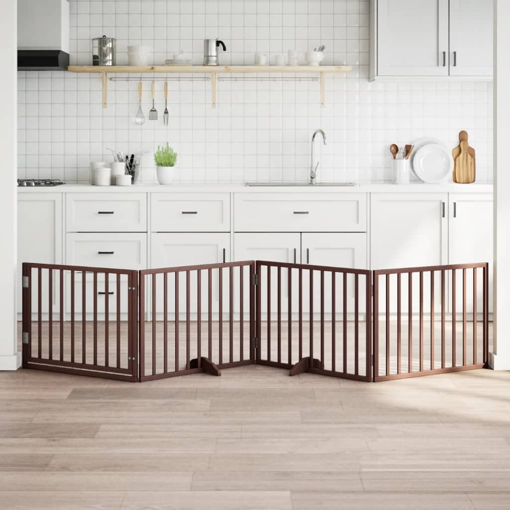 Cancelletto per cani con porta pieghevole 4 pannelli marrone 320 cm in legno di pioppo — miniatura 1 di 10