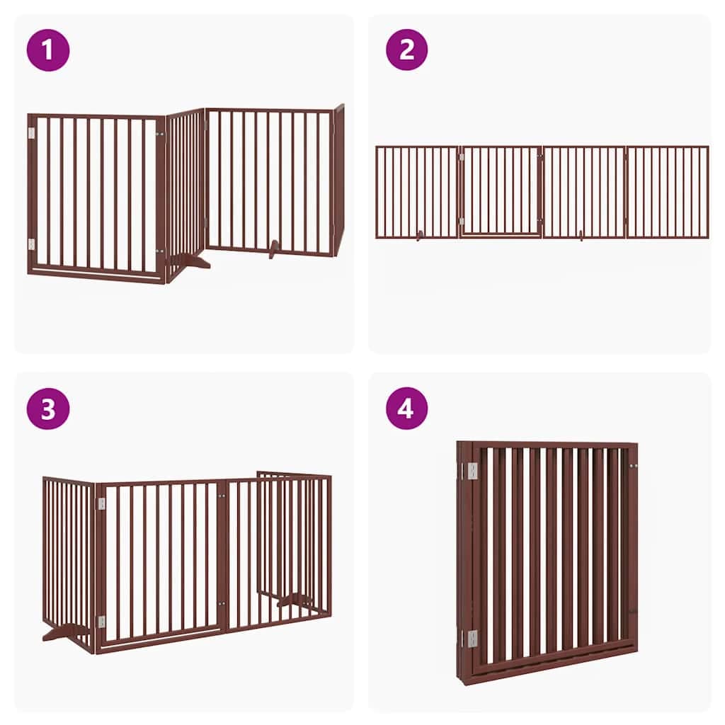 Cancelletto per cani con porta pieghevole 4 pannelli marrone 320 cm in legno di pioppo — miniatura 6 di 10