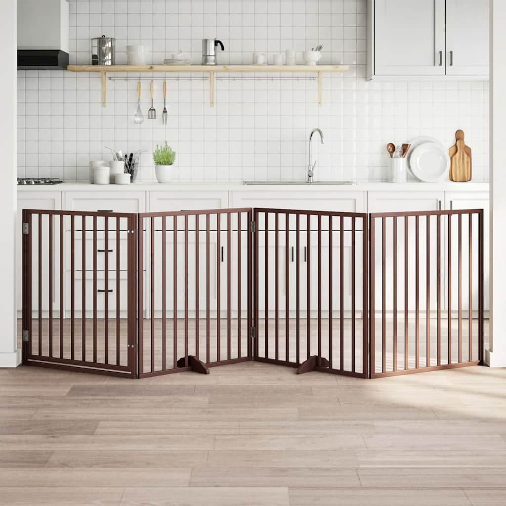 Cancelletto per cani con porta pieghevole 4 pannelli marrone 320 cm in legno di pioppo — miniatura 1 di 10