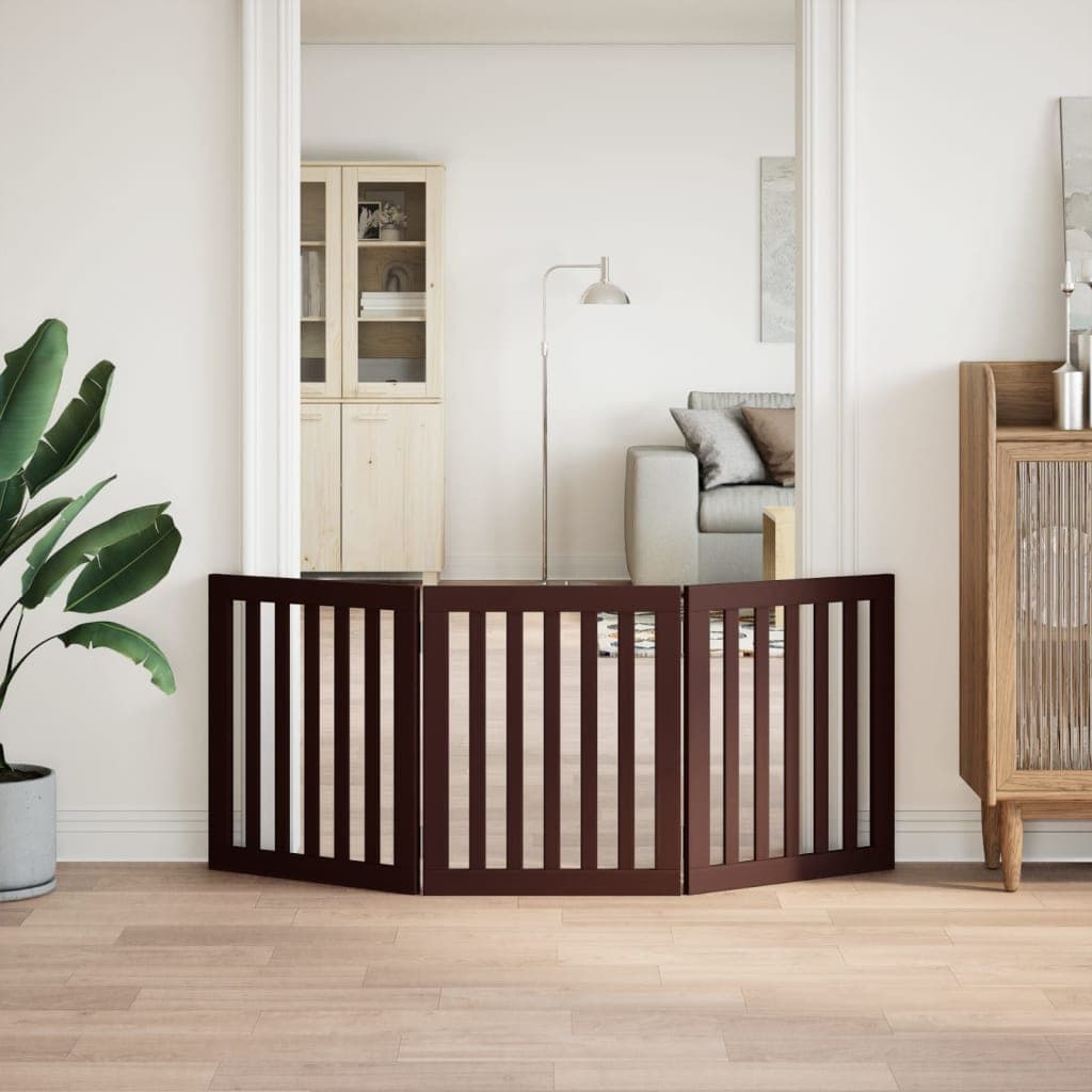 Cancello Cani Pieghevole 3 Pannelli Marrone 150cm Legno Pioppo — miniatura 3 di 8