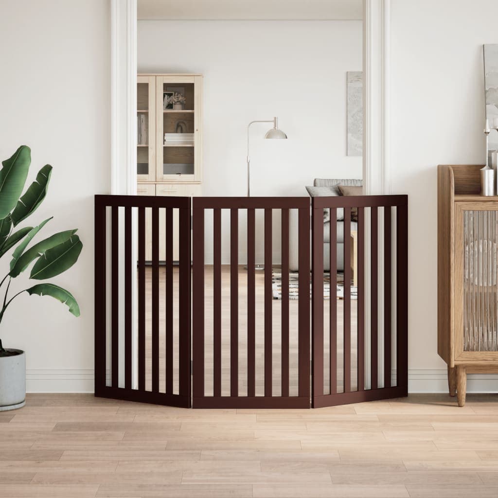 Cancello Cani Pieghevole 3 Pannelli Marrone 150cm Legno Pioppo — miniatura 3 di 8
