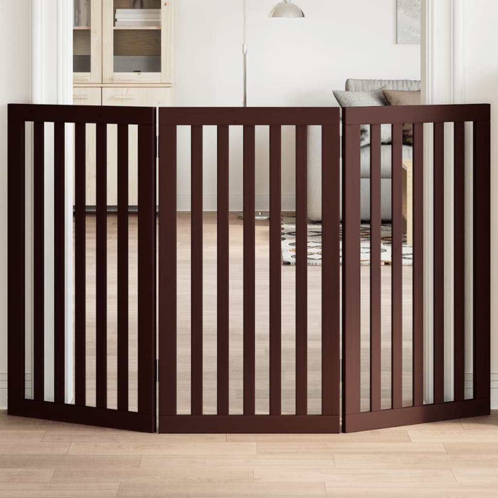 Cancello Cani Pieghevole 3 Pannelli Marrone 150cm Legno Pioppo — miniatura 1 di 8