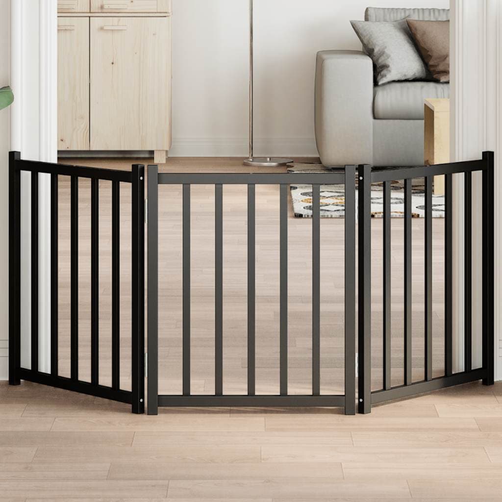 Cancello Cani Pieghevole 3 Pannelli Nero 150 cm Massello Abete — miniatura 1 di 8