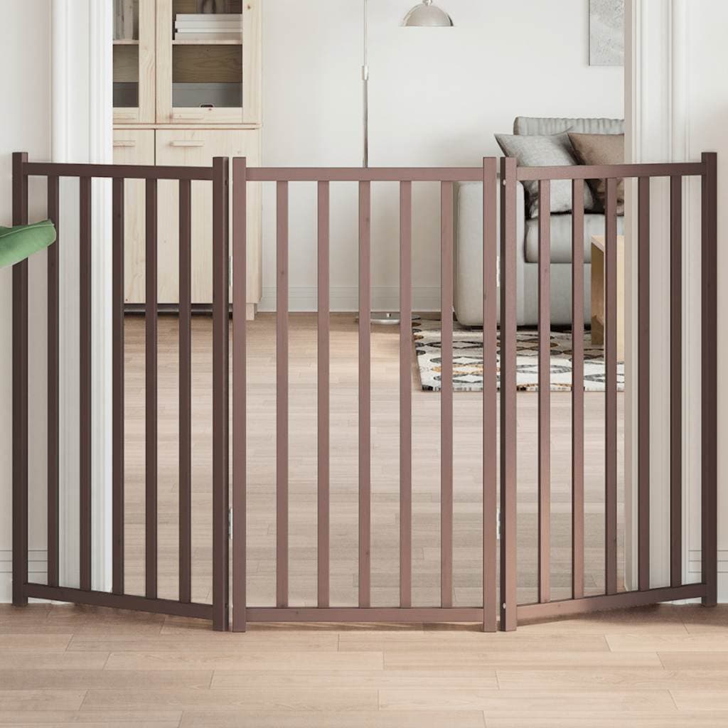 Cancello Cani Pieghevole 3Pannelli Marrone 150cm Massello Abete — miniatura 1 di 8