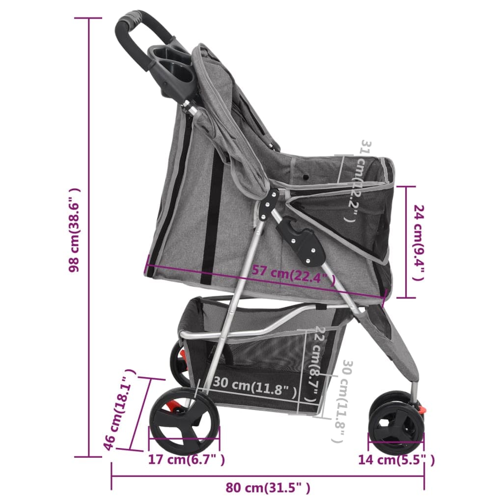 Passeggino per Cani Pieghevole Grigio 80x46x98cm Tessuto Oxford — miniatura 11 di 11