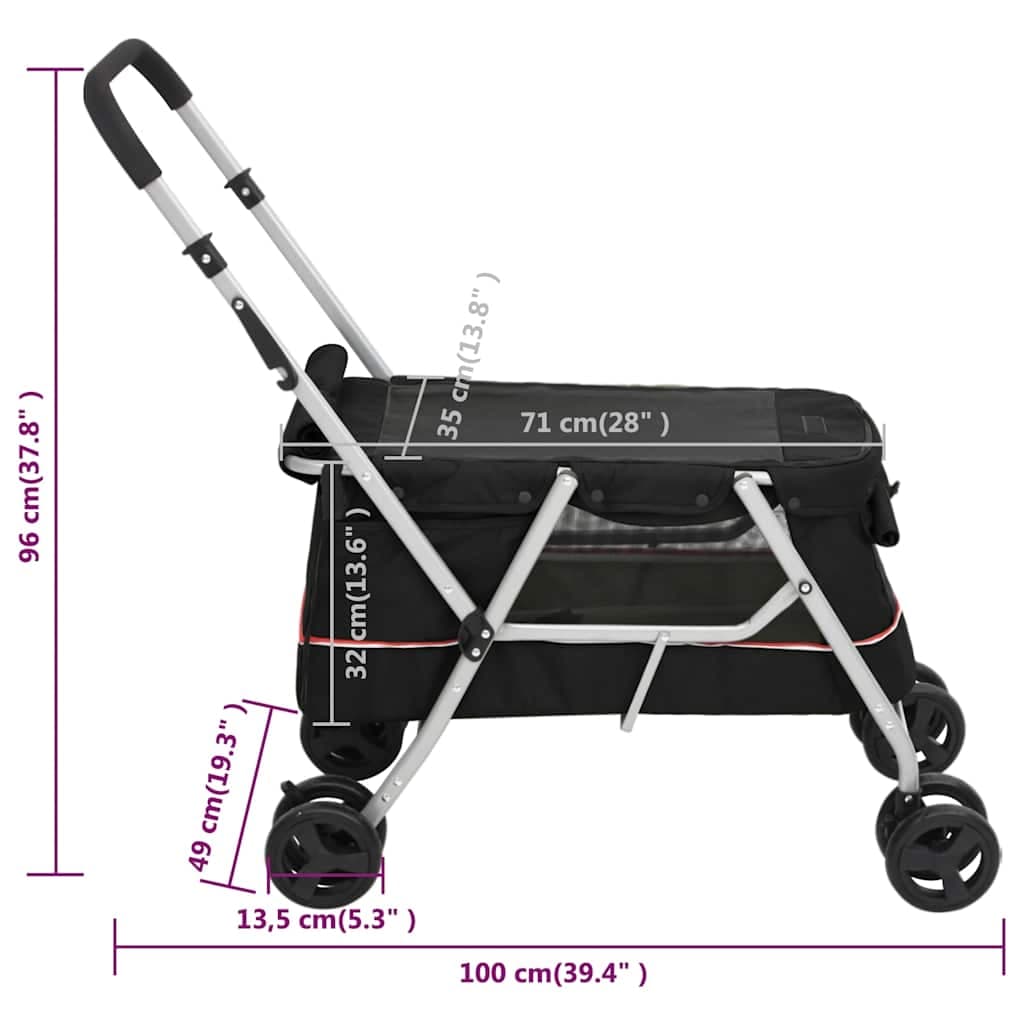 Passeggino per Cani Pieghevole Nero 100x49x96cm Tessuto di Lino — miniatura 11 di 11