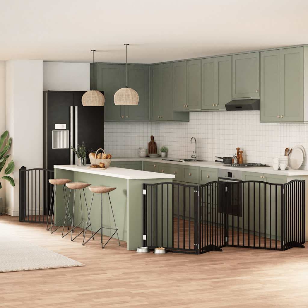 Cancello Cani Porta Pieghevole Nero 8 Pannelli 640 cm Pioppo — foto 1 di 11