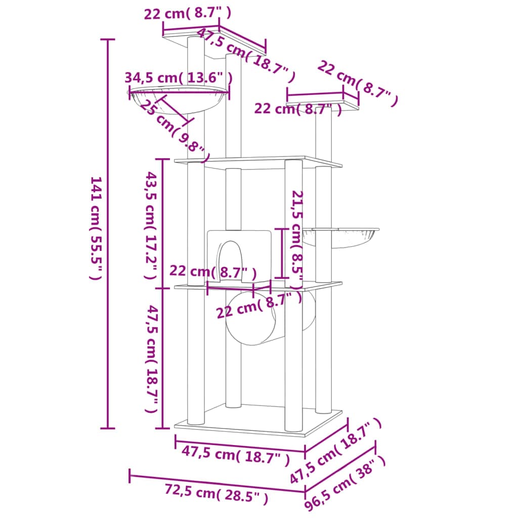 Albero per Gatti con Tiragraffi in Sisal Grigio Scuro 141 cm — miniatura 7 di 7