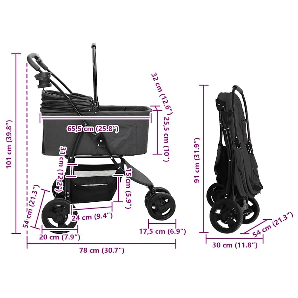 Passeggino pieghevole per animali Nero 78 x 54 x 101 cm — miniatura 14 di 15