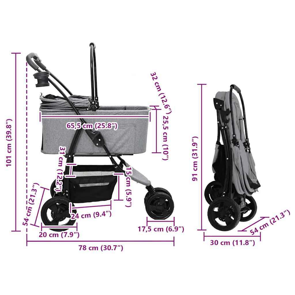 Passeggino pieghevole per animali Grigio 78 x 54 x 101 cm — miniatura 14 di 15