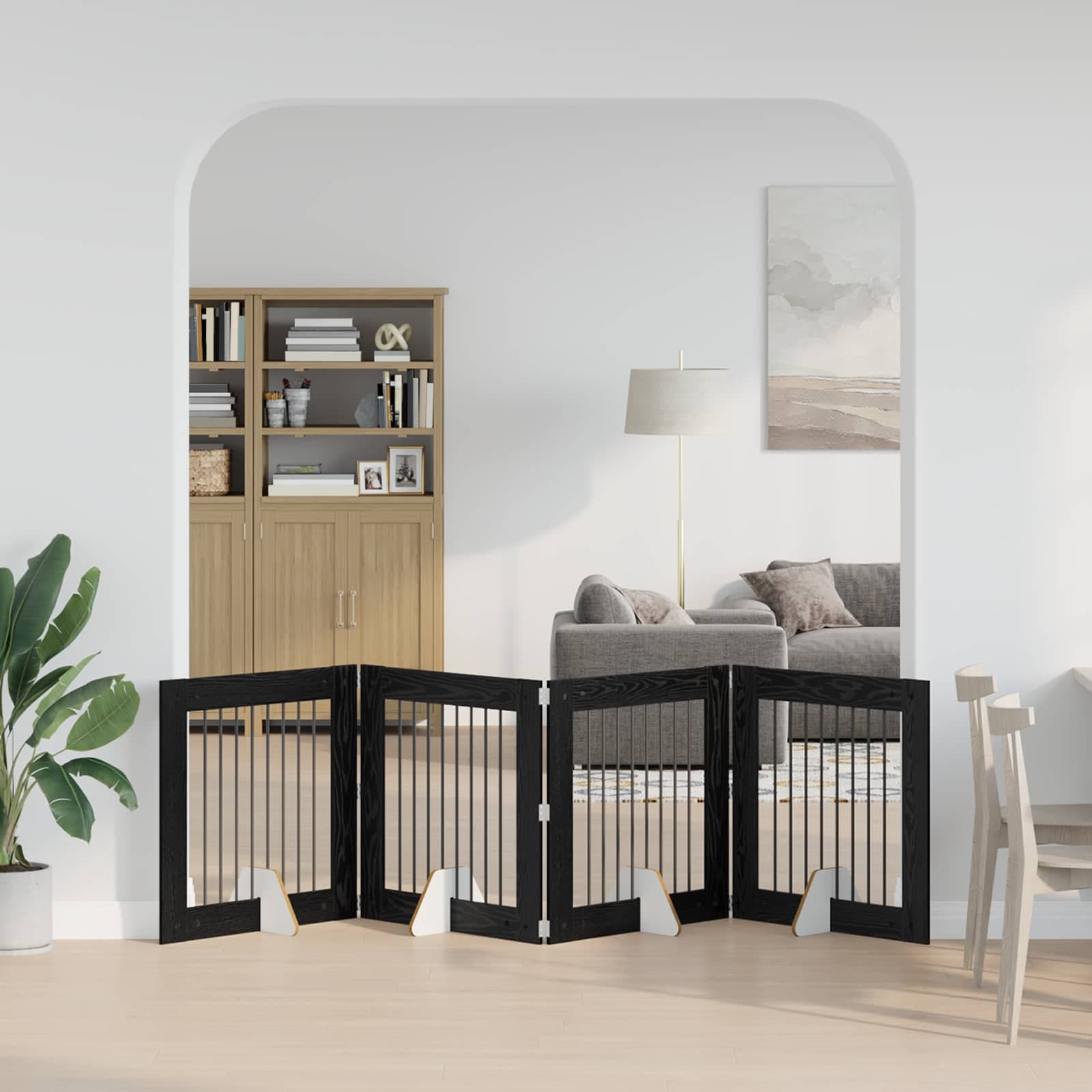 Cancello per cani pieghevole con supporti 4 pz Rovere Nero — miniatura 1 di 9