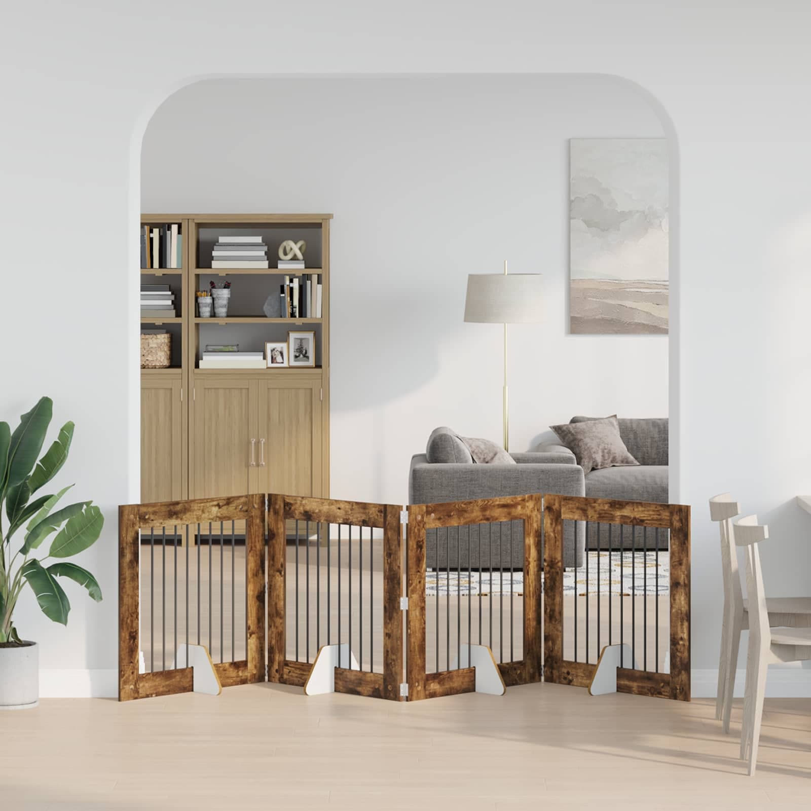 Cancello per cani pieghevole con supporti 4 pz Rovere Fumo — miniatura 1 di 9