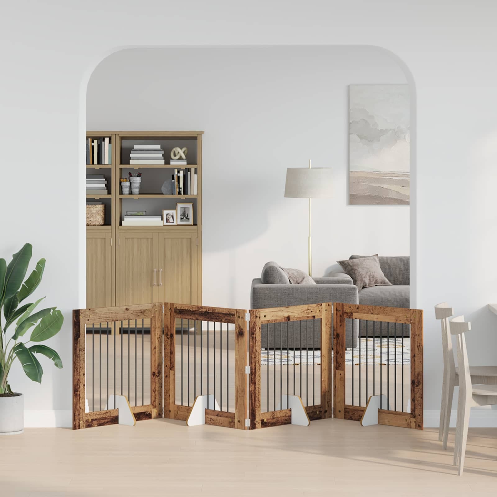Cancello per cani pieghevole con supporti 4 pz Legno antico — miniatura 1 di 9