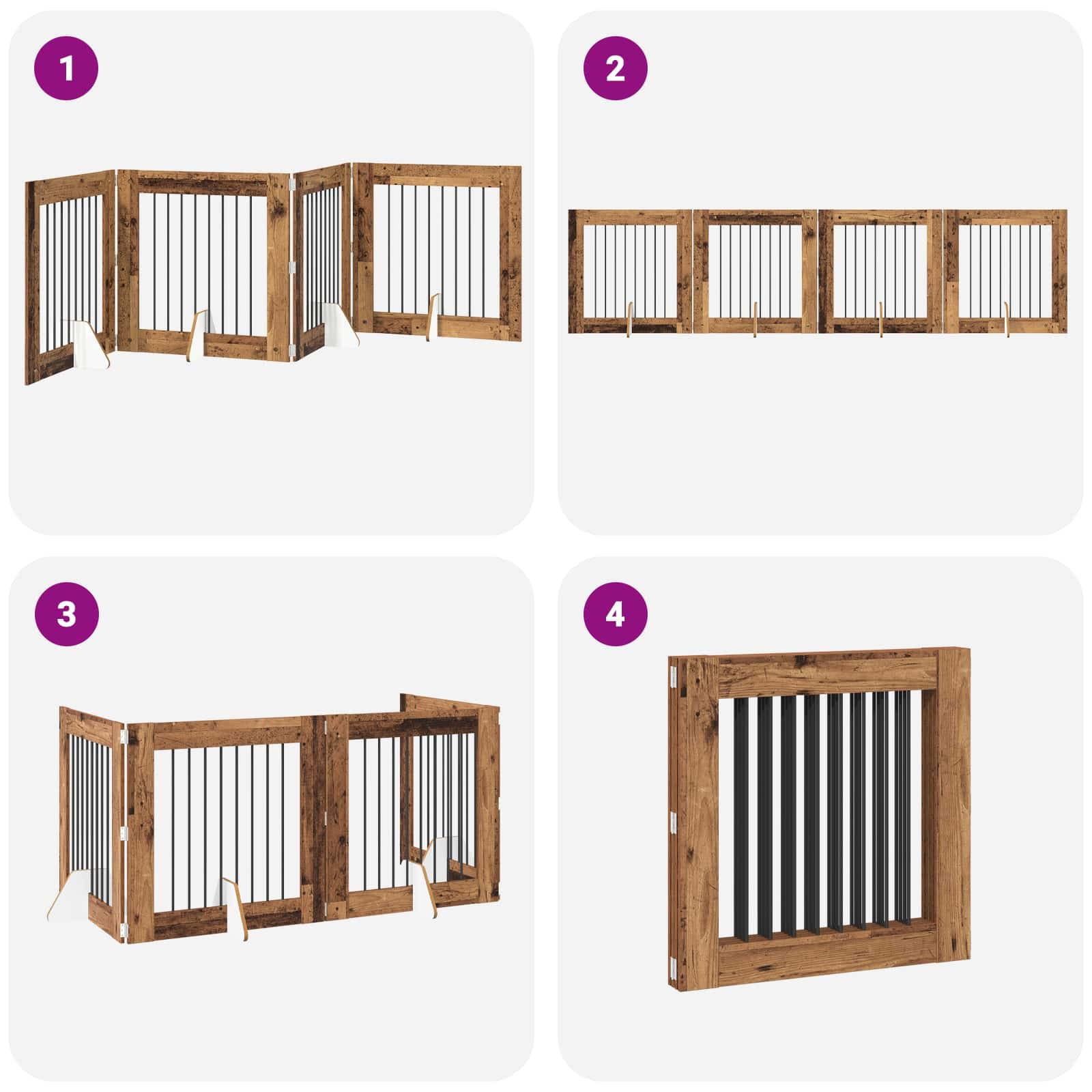 Cancello per cani pieghevole con supporti 4 pz Legno antico — miniatura 7 di 9