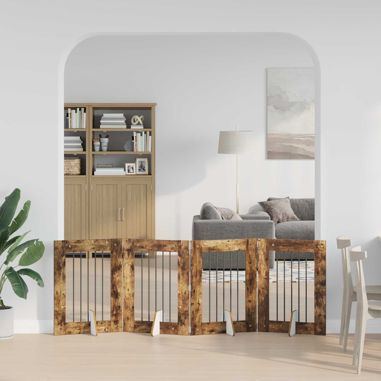 Cancello per cani pieghevole con supporti 4 pz Rovere Fumo — miniatura 1 di 9