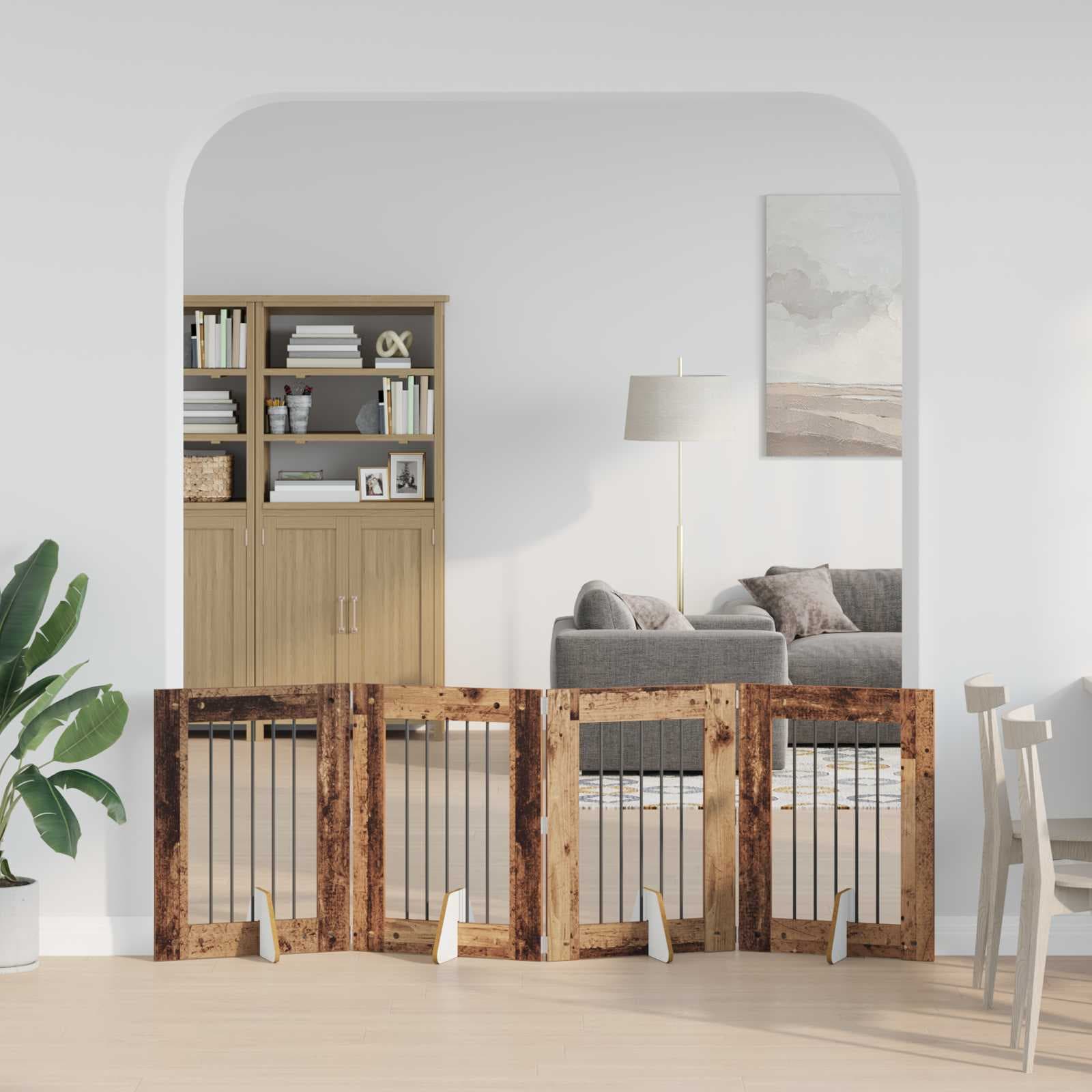 Cancello per cani pieghevole con supporti 4 pz Legno antico — miniatura 1 di 9
