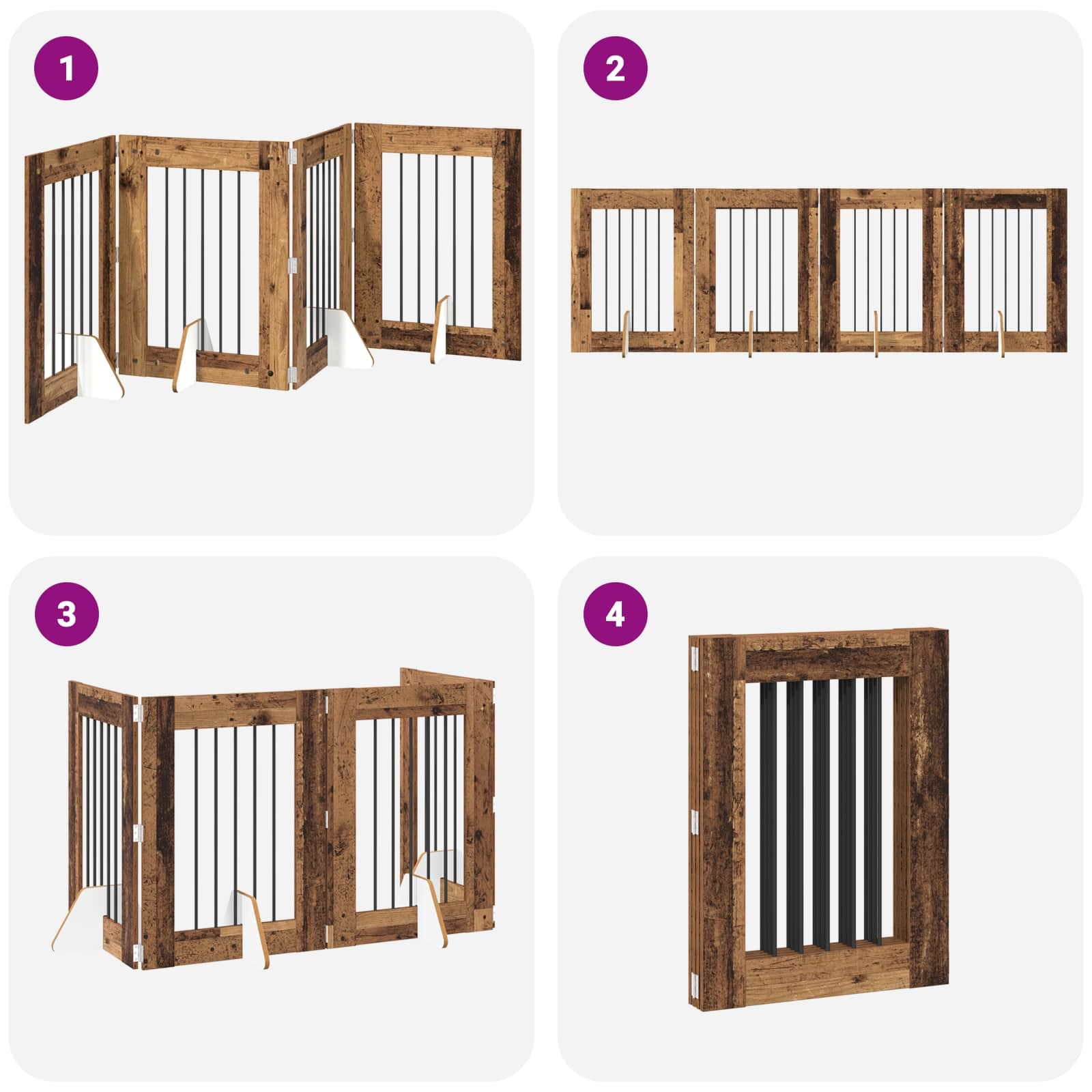 Cancello per cani pieghevole con supporti 4 pz Legno antico — miniatura 7 di 9